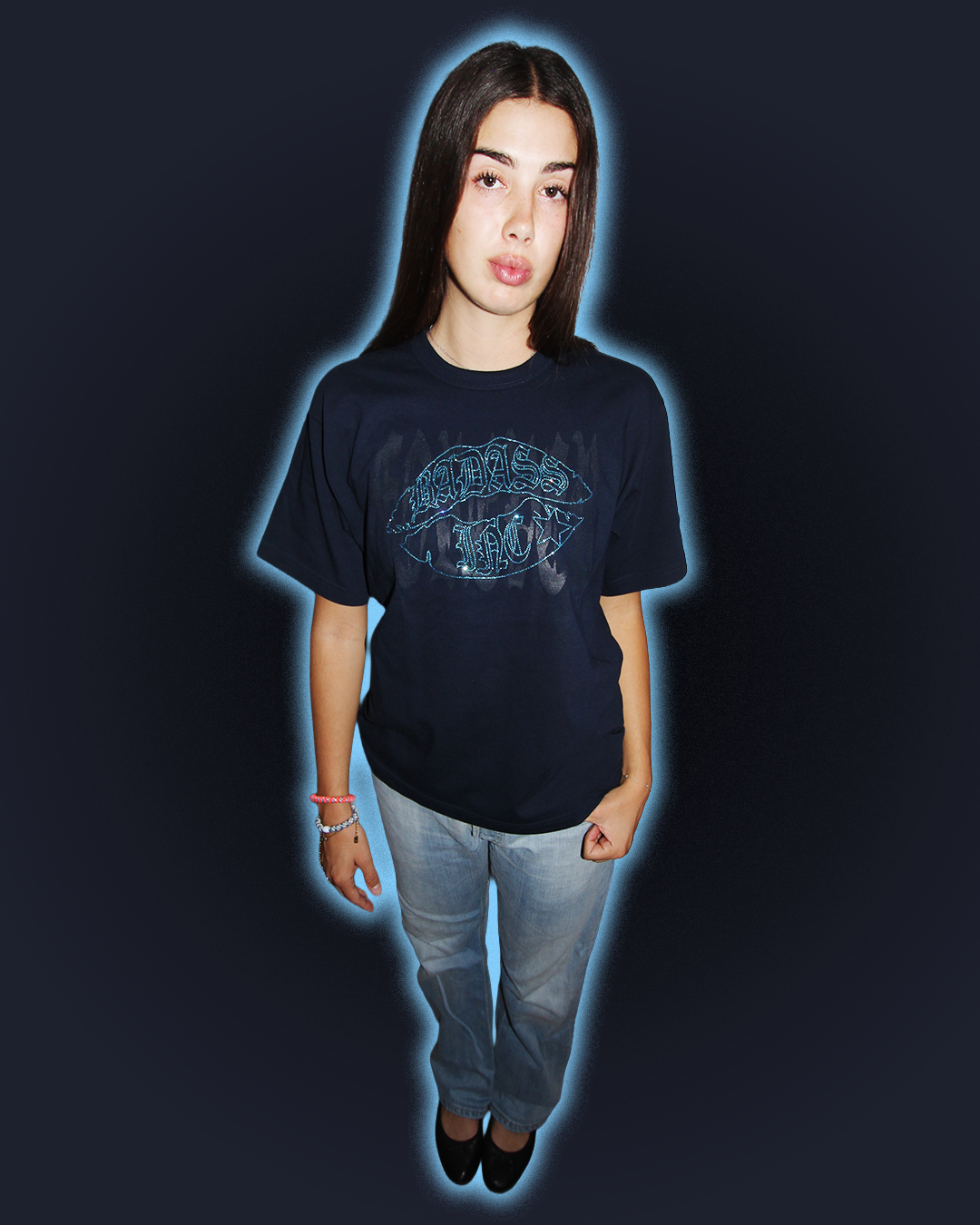 "Forever" Rhinestone Logo T-Shirt Navy